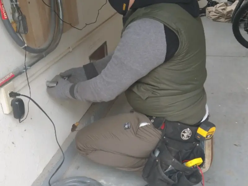 Electrician performing outlet wiring in a Payson garage